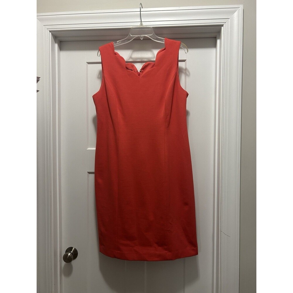 Talbots Coral Pink Scalloped Pointe Knit Sheath Dress Below Knee Modest Size 14